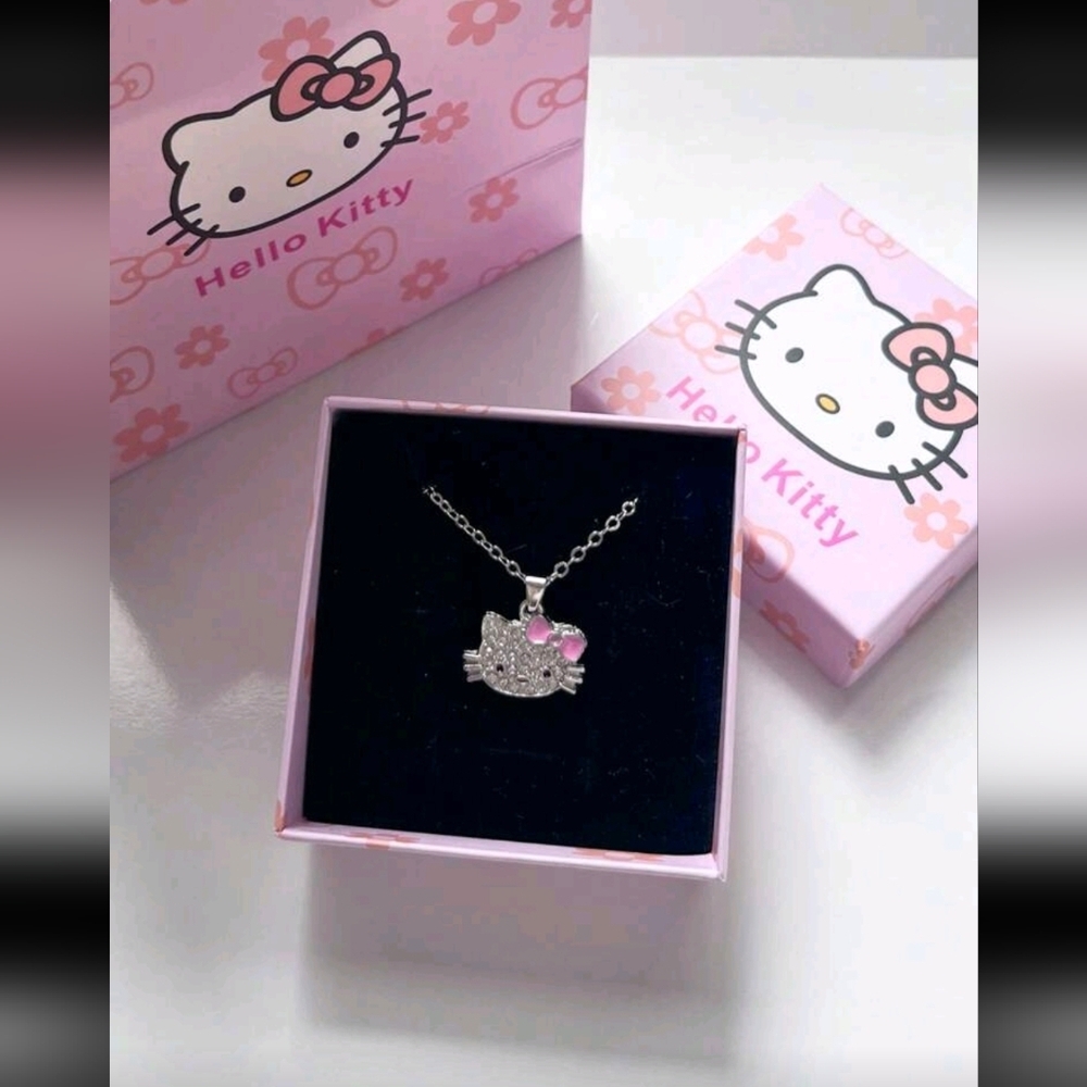 Hello Kitty Silver Pendant Necklace with Pink Bow